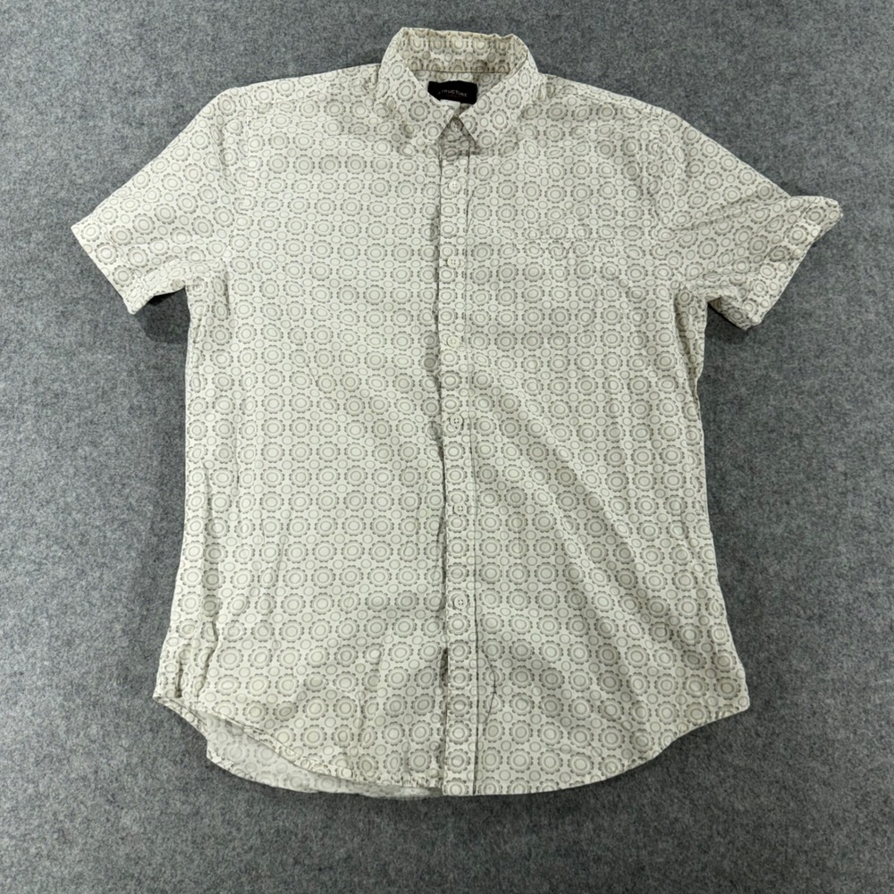 Structure Mens Slim Fit Short Sleeve Button Down Shirt Grey White Medallion M
